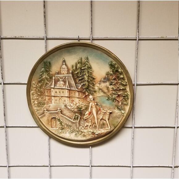 Vintage Chalkware Wall Plaque, 3D Plate Plaster Large Round, Victorian Style - Picture 1 of 6